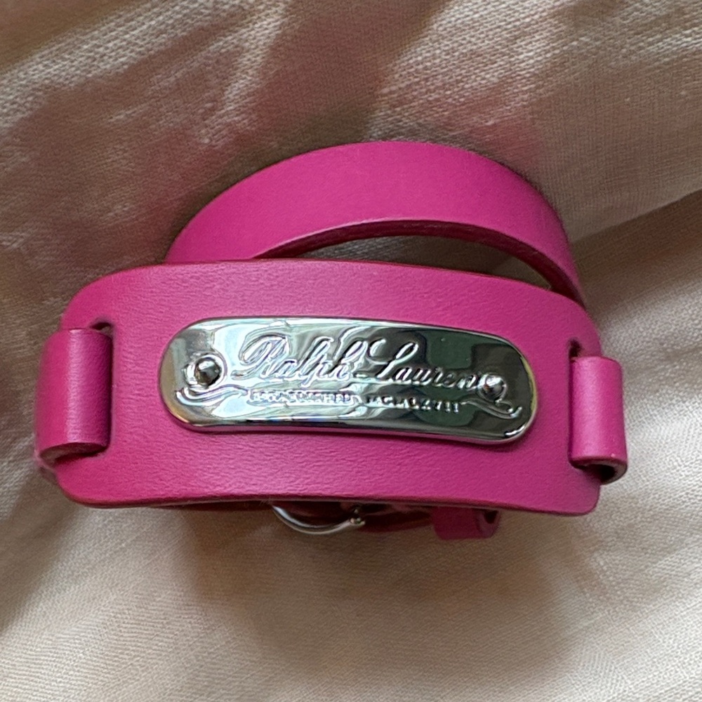 Ralph Lauren Hot Pink Leather Wrap Bracelet with Silver Logo Plate